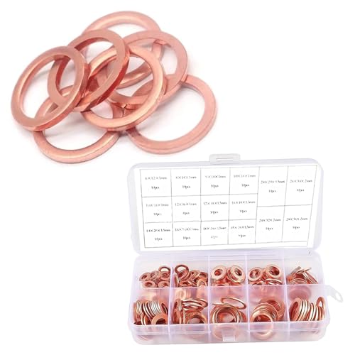 DACIRTY 200 PCS Flat Pressed Copper Gasket Assortment Kit, M5 M6 M8 M10 M12 M14 Multi-size Copper Metric Oil Pan Plug Sealing Gasket, Portable Multi-purpose Replacement Part for Most Cars (Gold)