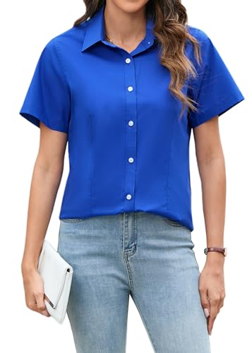 Stamain blus damer kort på knappar skjorta formell smal passform damer kontor skjorta blus business arbete skjortor sommar, kungsblå, XXL
