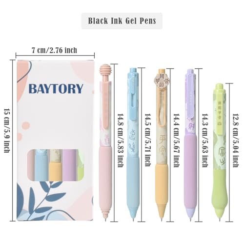 BAYTORY 5 canetas de gel fofas de tinta preta, canetas retráteis ST de ponta fina de 0,5 mm, escrita
