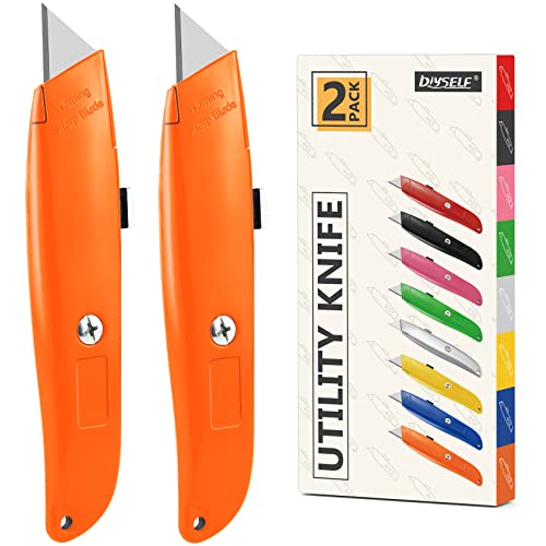 Image of DIYSELF 2 Pack Razor Utility Knives, Durable Retractable Box Cutter Knife | Ergonomic Grip Box Cutters for Cartons, Vinyl, Packages and Leather; PVC Pipe Cutter Knife for Home and Office Use