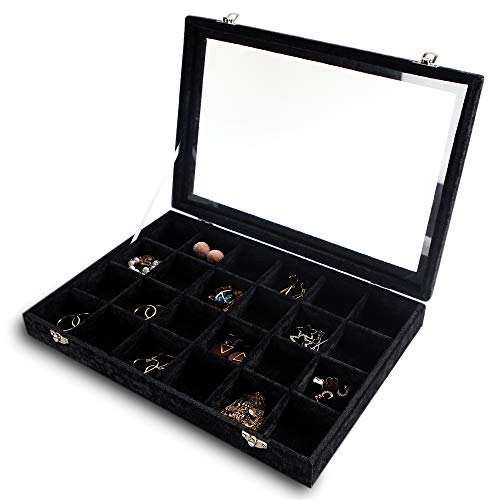Frebeauty 24 Grid Earring Holder Organizer Tray, Jewelry Organizers and Storage for Drawer,Velvet Jewelry Display Storage for Earrings,Rings,Studs,10.5 x 6.5 x 1.2 Inches Gift for Women (Black)