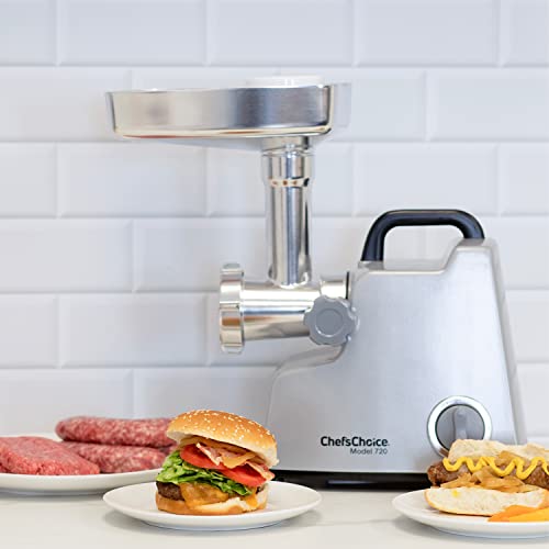 Chef's Choice 720 Professional Commercial Meat Grinder with Three-Way Control Switch Stuffing & Reverse, 3 Grinding Plates, Silver
