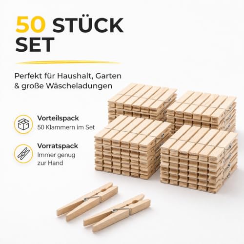 50x Klammern 7 cm Wäscheklammern - groß - Holzklammern aus Echt Holz - Holzwäscheklammern & Basteln & Bastelklammern - Wäsche aufhängen