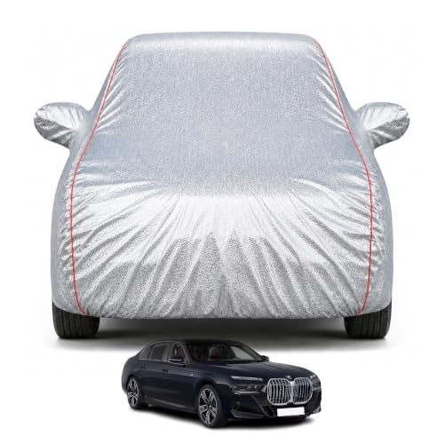 Image of Premium Car Cover for BMW i7 Model | Waterproof, UV & Dust Protection | Mirror & Antenna Pocket | Triple Stitched, Soft Inner Lining, Belt & Buckle (Metalic Silver)