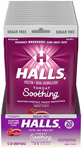 HALLS Throat Soothing (Formerly HALLS Breezers) Cool Berry Sugar Free Throat Drops, 12 Packs of 20 Drops (240 Total Drops)