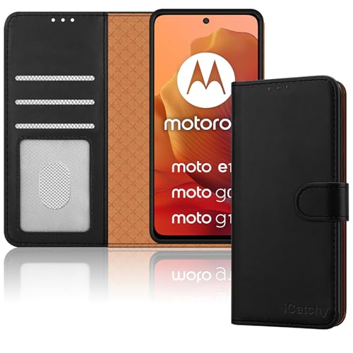 iCatchy Case for Motorola Moto G17 / G15 / G05 / E15 Case Leather Wallet Book Stand View Magnetic Protect RFID Blocking Phone Cover (Black)
