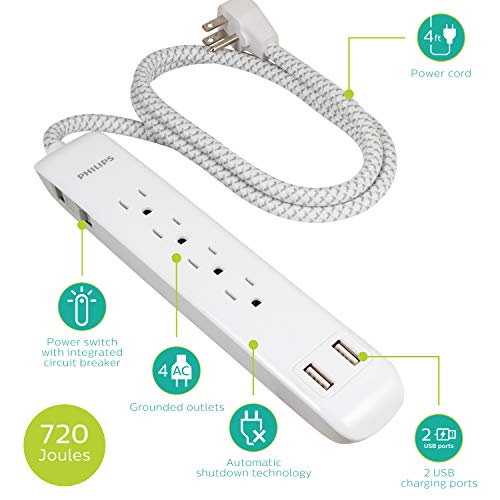 Philips 4 Outlet Power Strip Surge Protector with 2 USB Ports - image 2