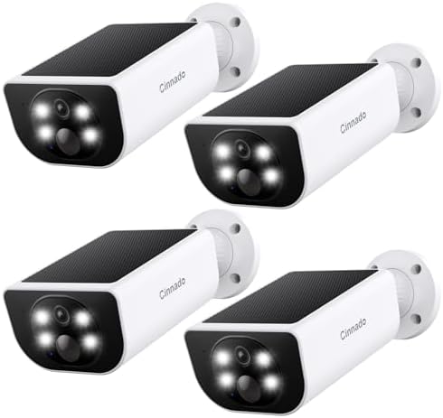 Cinnado Security Cameras Wireless Outdoor - Home Security Cameras Solar & Battery Powered with 2K Color Night Vision, 2-Way Talk & Spotlight, Continuous Power, 2.4 GHz Wi-Fi, Easy Set Up, S1 4 Pack