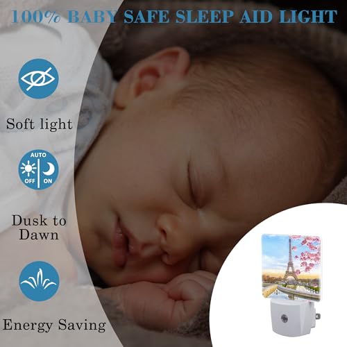 Image of Plug in Night Lights Eiffel Tower in Spring Nightlight Plug Into Wall Dusk to Dawn Sensor LED Night Light for Kid Girls Boys Women Men Room Decor, Hallway, Kitchen, Bathroom, Nursery, Stairs
