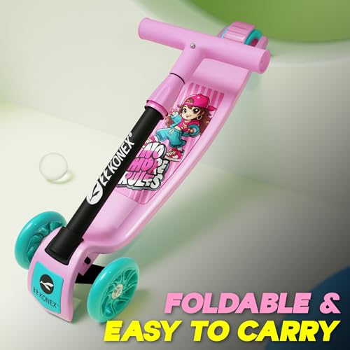 Image of Konex Kick Scooter for Kids (2+ Years) | 3 Broad Rubber Wheels for Smooth Ride | 4-Level Height Adjustable Handle | Foldable & Portable with Back Brake | Holds Up to 40 kg (Pink-Sea Green)