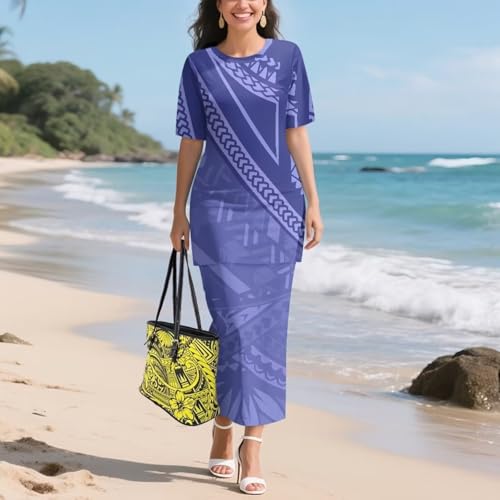 Image of Puletasi Samoan Traditional 2 Piece Outfits for Women Short Sleeve Crop Top and Maxi Skirt Sets Puletasi Dress