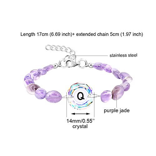 Image of Uloveido Purple Natural Stone and Austrian Crystal Letter Bracelet, Personalized Initial Jewelry for Women A-Z 26 Letters