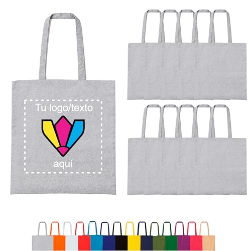 Regalix Shop - Tote bag personalizada - 5 ó 10 und 14 colores – Asas largas, 38 x 42 cm – Ideal para regalos, eventos y pequeños negocios - Bolsa tela personalizada resistente para compra (10, Gris)