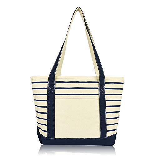 DALIX Small Stripe Tote Deluxe Shoulder Bag Cotton Canvas in Navy Blue