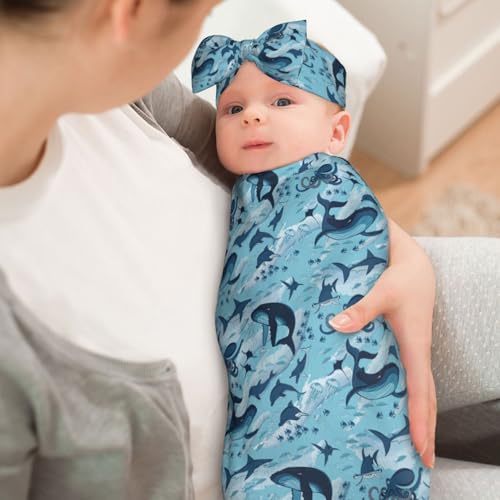 Image of Sea Waves Dolphins Sharks Whale Octopus Baby Stuff Swaddle Blanket Wrap Baby Newborn Blanket Soft Stretchy with Headband Hat Set Gift for Infant Boy Girl