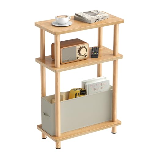 APICIZON サイドテーブル スリム ナイトテーブル 布製引き出し付き ミニテーブル 木目調 収納棚付き ベッドサイド ソファサイド ラック おしゃれ 小さい ベッド横 カフェテーブル(40cm*18cm*62cm、ナチュラル)