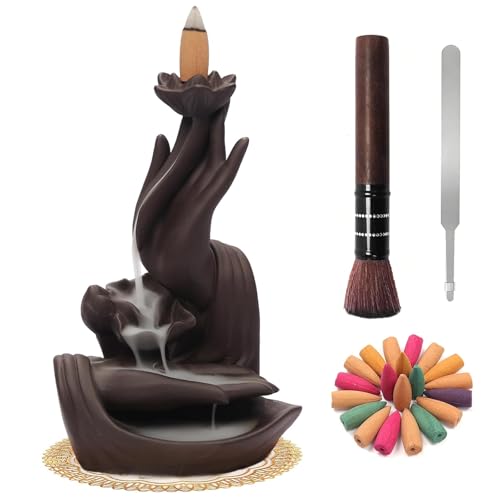 RAYNEAY Waterfall Landscape Backflow Incense Burner with 20PCS Cones Zen Ceramic Smoke Waterfall Incense Cones Holder for Relaxation Meditation Including Tweezers Cleaning Brush Incense Burner Mat