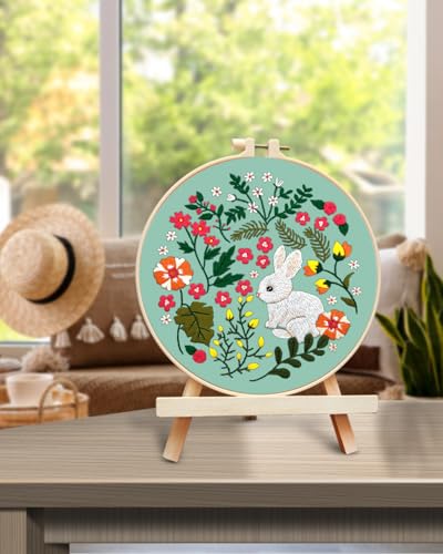 Image of TINDTOP Embroidery Kit for Beginners Adult, Rabbit Embroidery Kit | Include Embroidery Cloth Hoops Threads for Craft Lover Hand Stitch with Embroidery Skill Techniques