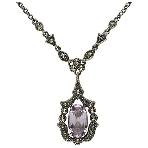 Esse Marcasite Sterling Silver Oval Amethyst & Marcasite Art Nouveau Necklace of Length 42-47cm Cover