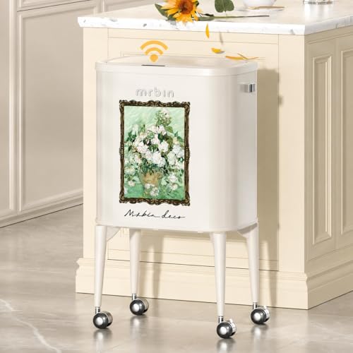 Image of MRBIN Metal Motion Sensor Kitchen Trash Can with Wheel Legs, Slim Waste Basket with Lid, 36L / 9.5gal Pet Proof Tall Narrow Garbage Pail for Vanity, Bathroom, Bedroom, Living Room, White Rose