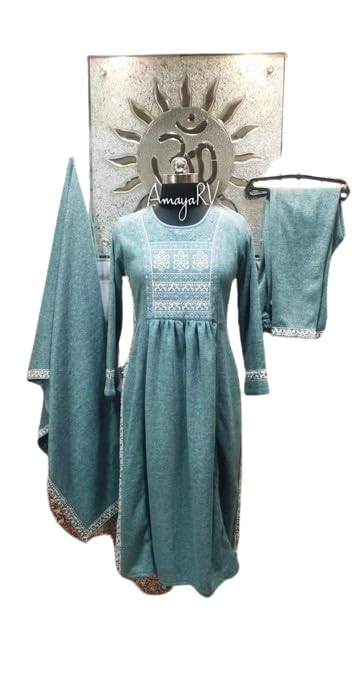 Amaya'RVAmayaRV Winter Warm 3 Piece Set, Naira Cut Kurta Embellished with Beautiful Embroidery,paired with Pants and Designer Shawl. AmayaRV Kurties. Woolen Kurties.