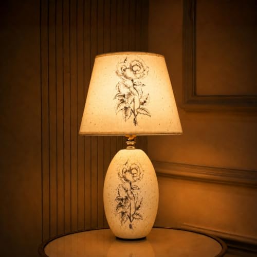 Image of ELARE Ceramic Base Floral Table Lamp with Fabric Shade, Rose Artwork Design, Includes LED Bulb, Inline Switch, Anti-Slip Base - 36cm