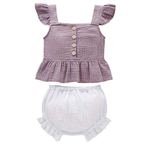 Toddler Baby Girl Summer Clothes Cotton Linen Ruffle Sleeveless Top + Shorts Outfits