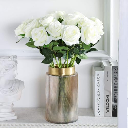 Image of Dekorly Artificial Fake Roses Flowers - 10 Pcs Fake Artificial Roses Silk Flowers with Stems for Home Room Tabletop Wedding Hotel Office Centerpiece Decor | Height 18 Inch (White)