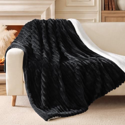 Image of BEDELITE Soft Sherpa Throw Blanket for Couch, Fluffy Gift, Black, 50x60