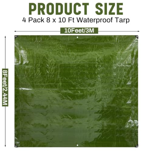 Image of 4 Pack 10 x 10 ft 5.5 Mil Tarps Heavy Duty Waterproof Tarp Multi Purpose Tent Cover for Home Boats Cars Camping Patio Furniture Roof Emergency Rain Protective Cover, Army Green