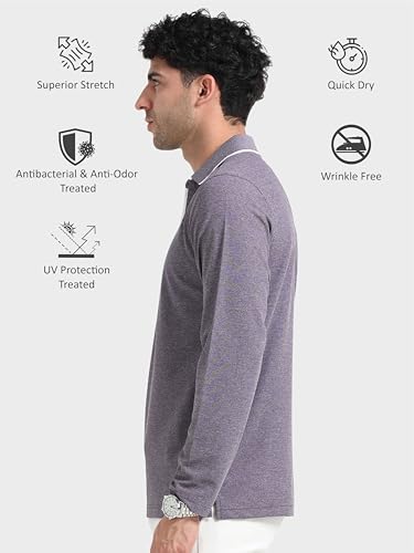 Image of STELLERS Men's Melange Full Sleeve Zipper Polo T-Shirt | Feather Soft Fabric | Breathable | Regular Fit | Quick Dry | Wrinkle Free | Tipping Design
