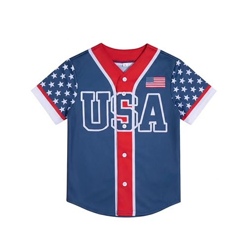 Image of 4th Of July Boys American Flag Button Up Baseball Jersey Shirt Shorts Set for 2-14 Years Kids Independence Day Outfit