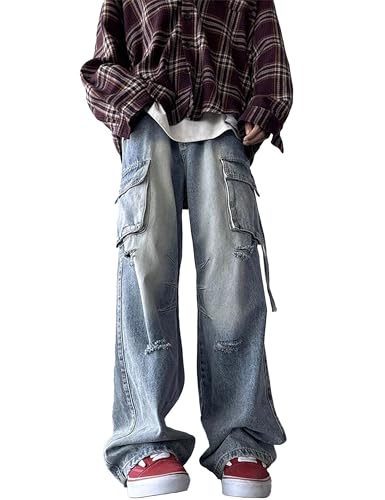 Baggy Cargo Jeans Mens Y2k Ripped Straight Leg Denim Pants Vintage Wide Leg Casual Jeans Trendy Streetwear Grunge Emo Clothes
