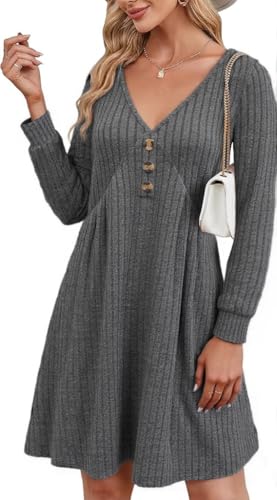 ABYOVRT Strickkleid Damen Leichte Freizeitkleider Langarm Kleider V Ausschnitt Pulloverkleid A Linie Winterkleid Herbstkleid Elegant,Grau,XL