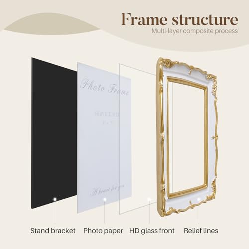Vintage Picture Frame 5x7 Gold Frames, Ornate White and Gold Textured Hand-Crafted Resin Frame with Glass Front, 5 by 7 Antique Photo Frames for Tabletop Display