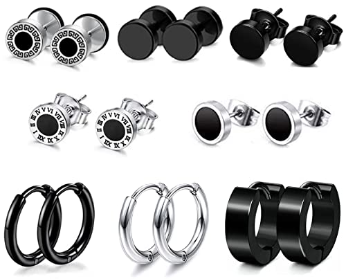 8-12 Pairs Earrings for Men Surgical Steel Mens Black Earrings Multipack Stud Huggie Small Hoop Earrings Set