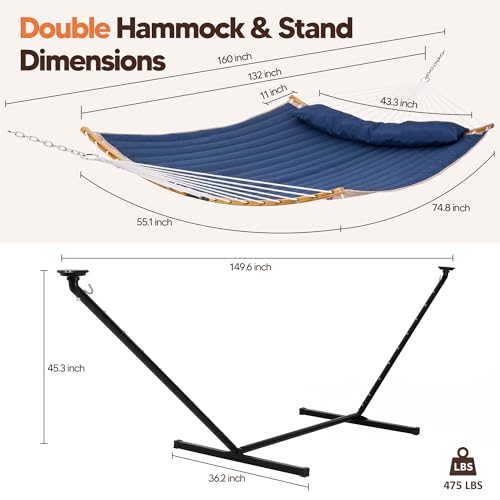 Image of SUNCREAT Outdoor Hammock with 12 ft Stand, Solar Powered Lights, Dark Blue