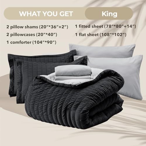 Image of HYMOKEGE Black /Light Grey King Size Comforter Set Seersucker 7 Pieces, All Season Luxury Bed in a Bag for Bedroom, Bedding Set with Comforter, Sheets, Pillowcases & Shams