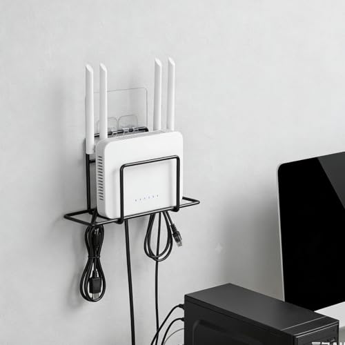 Image of HASTHIP Wall WiFi Router Mount Bracket - Wall Stand Without Drilling Steel Tv Setup Box Stand Wall Mount Space Saving Organizer Stand for Modem, Router & Set-Top Box, 16x5x7.5cm