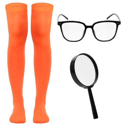 Sdfvsdg 3 Pcs Halloween Deluxe Adult Costume Orange Athletic Compression Socks Magnifying Glass for Nerd Women Cosplay Party