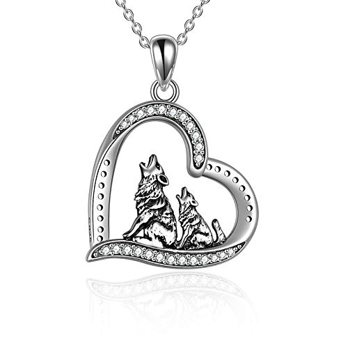 POPKIMI Wolf Mother and Child Necklace Sterling Silver Wolf Jewelry Howling Wolf Pendant Necklace Love Heart Charm Jewelry for Wolf Lover Women Men Girls Mom Friend Birthday (Style-5-Wolf Mother and Child)