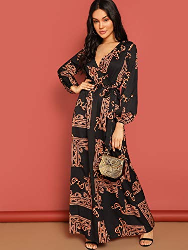 Milumia Women Scarf Print Belted V Neck Long Sleeve Boho Maxi Wrap Dress Multicolor-6 M
