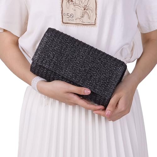 Image of Huralona Women Straw Woven Clutch Purse Pleated Handbag for Summer Beach Vacation Straw Shoulder Crossbody Bag