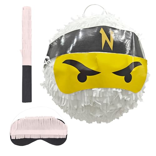 Relaxdays Pinata Ninja, mit Stab & Maske, Partypinata Kinder, für Geburtstag, Schlagpinata zum Befüllen, Ø 25 cm, weiß