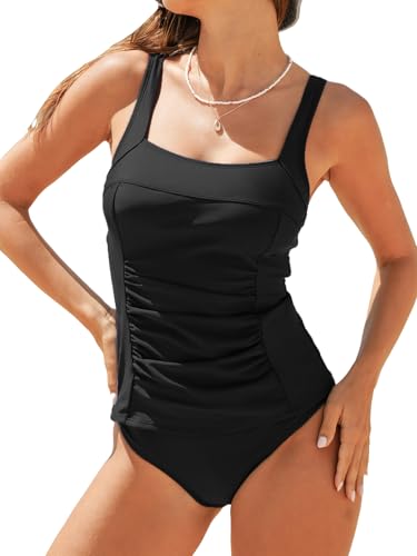 CUPSHE Damen Tankini Set Quadratischer Ausschnitt Raffung Bauchweg Mid Waist Tankini Bademode Zweiteiliger Badeanzug Swi...