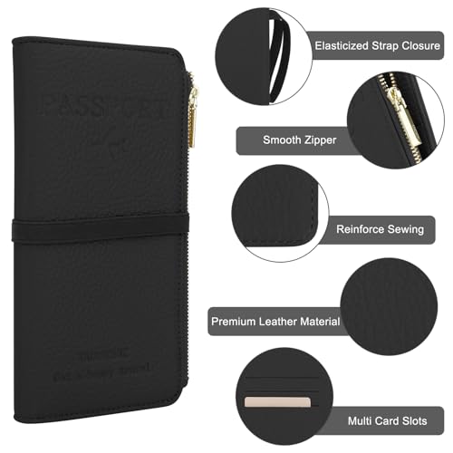 DOB SECHS Passport Holder for Travel Women Leather Passport Wallet RFID Blocking Passport Cover Case with Card Slots, Slim Travel Document Organizer Pouch Bag Zipper Cash Pocket Purse+ID Window, Black3
