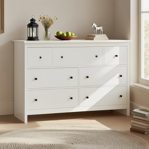 AilZylphera Cómoda Blanca con 7 cajones, 152cm de Ancho Comoda de Madera, cajonera Blanca para salón, Comedor, Dormitorio y salón (Blanco)