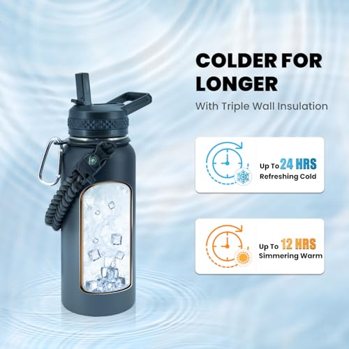 Image of RAYMYLO Insulated Water Bottle 32 oz, Triple Wall Vacuum Stainless Steel (Cold for 24Hrs, Hot for 12Hrs), Leak Proof & Non-BPA, Modern Water Flask Jug with Paracord Handle & Straw Spout Lids