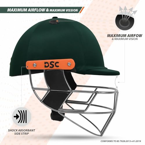 Image of DSC Empra Titanium BSI Approved Professional Cricket Helmet | BS7928 Certified Pro-Standard Hard Ball Helmet with Ultra-Light Titanium Grill & Advanced Shock Absorption | Color: Green | Size: S