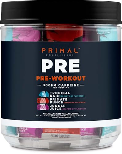 Image of Primal PRE Pre-Workout Variety Pack, Tropical Rain + Primate Punch + Jungle Juice Flavored (20 Stickpacks) - 300mg Caffeine Per Serving